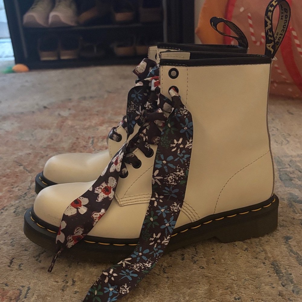 Dr. Martens White and Black Combat Boots with Chunky Sole